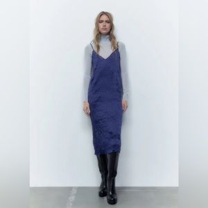Zara | Deep Blue Wrinkled Satin Effect Midi Slip Dress | Size S